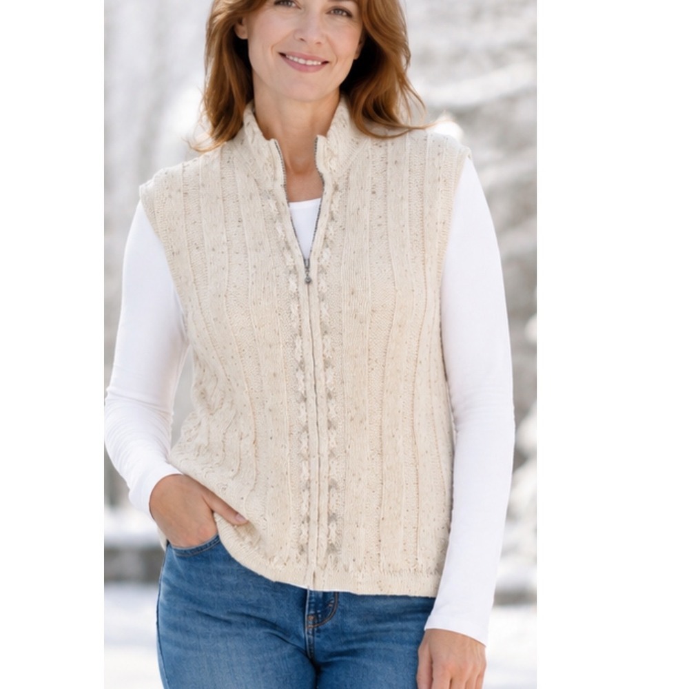 Woolrich Womens XS Cream Donegal Fleck Full Zip Cable Knit Sweater Vest MockNeck